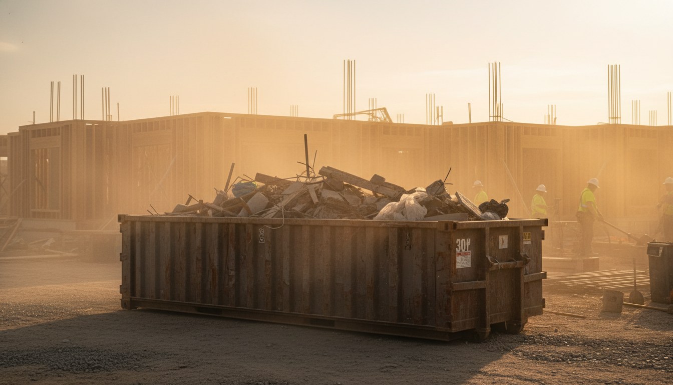 Thirty-yard roll-off container loaded with construction debris at a job site in golden-hour light